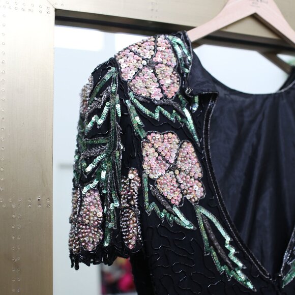 Vintage 80s Scala Black Floral Beaded Sequin Dress - Size S - Picture 5 of 10